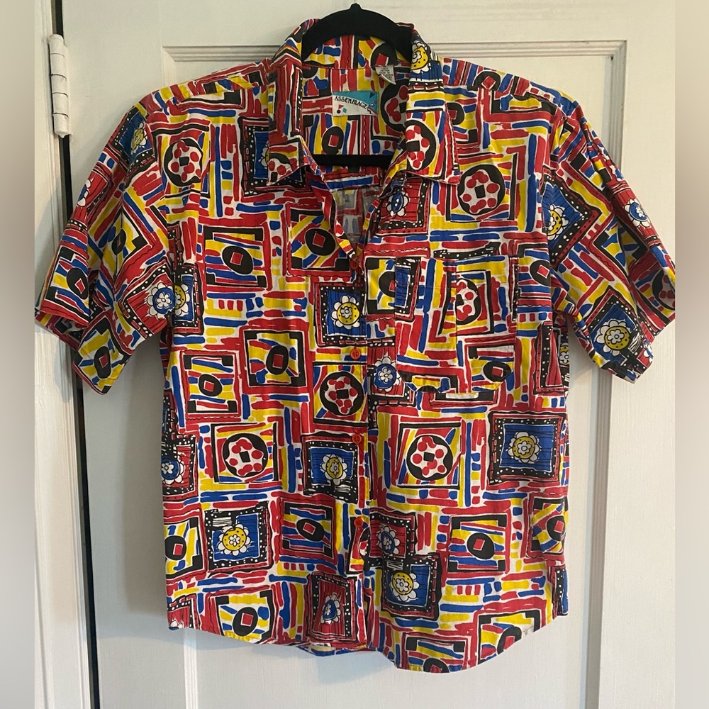 Vintage Assemblage 80s Geometric Shape Button Down Shirt with Shoulder Pads - M - Picture 8 of 8